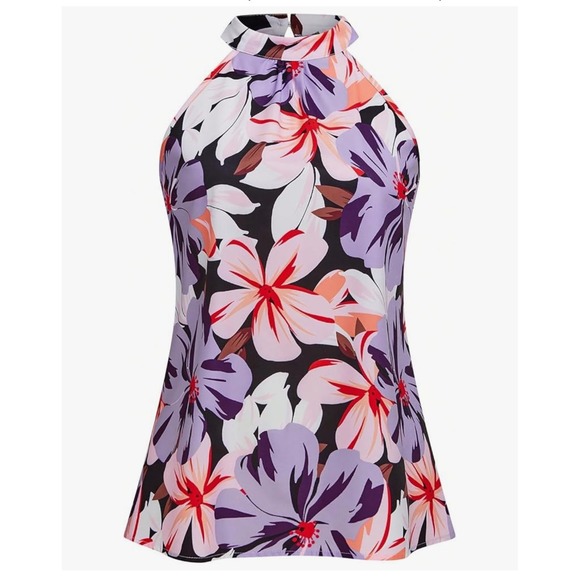 Unbranded Tops - Purple‎ Floral High Neck Halter Top Sleeveless Tropical Blouse Small